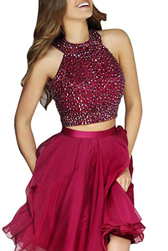 Hatail Short 2 Piece Beaded Prom Dress High Neck Chiffon Evening Gown for Women