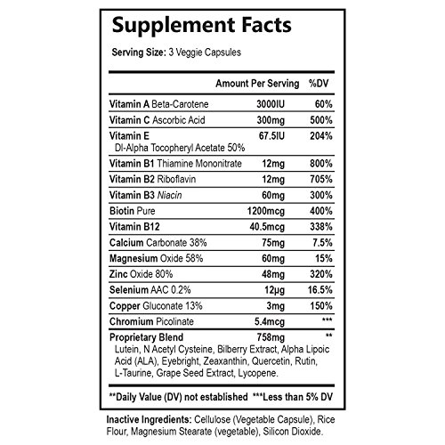 Eye Vitamins with Lutein & Zeaxanthin, Highest Potency Natural Vitamin and Mineral Supplement 1390mg - Made in USA - Best Formula for Vision Support, Dry Eyes & Macular Health - 60 Capsules