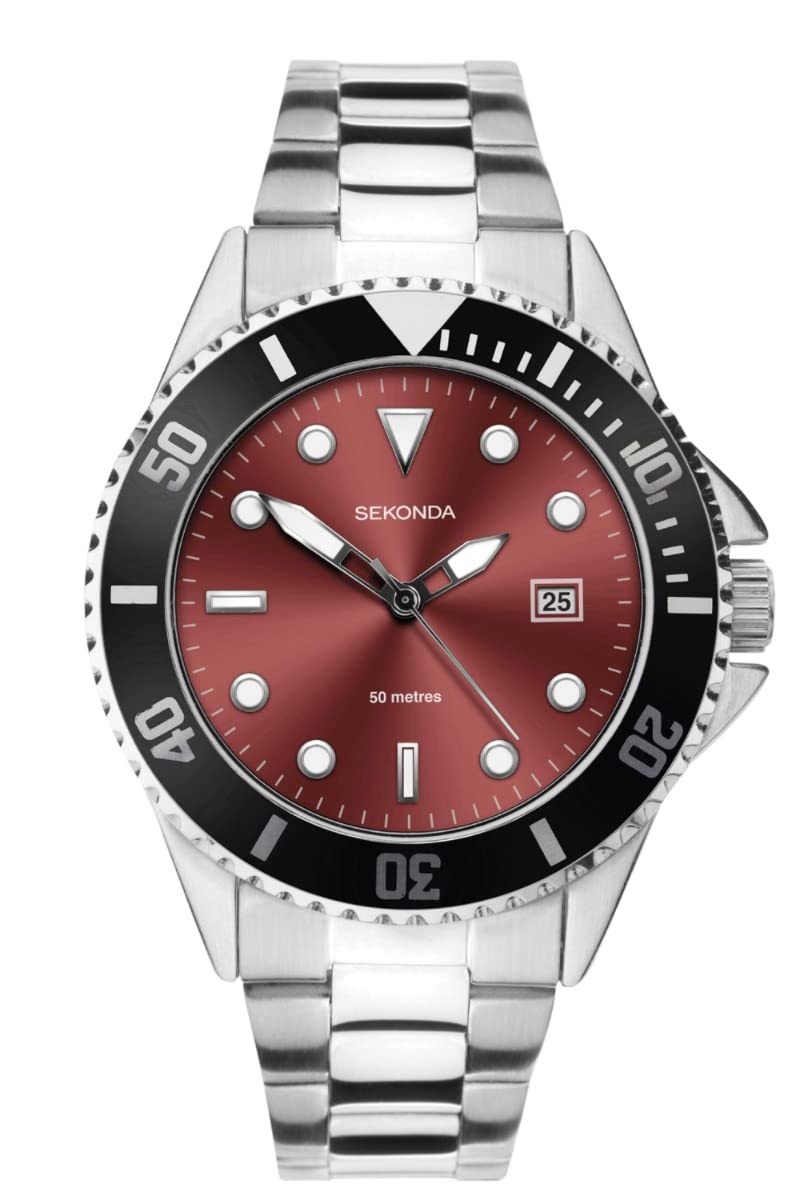 Sekonda Mens Sports Analogue Quartz Watch with Red Dial and Silver Bracelet 1923