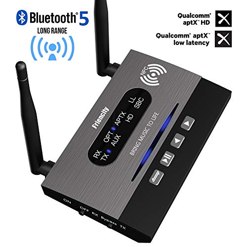 Friencity Bluetooth 5.0 Transmitter for TV, 3 in 1 Pass-Through Long Range Wireless Audio Receiver Adapter for Home Stereo, PC, with AptX HD & Low Latency, Digital Optical Aux 3.5mm RCA, Dual Link