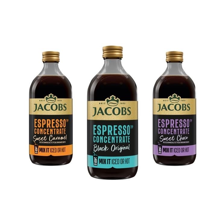 JACOBS Espresso Concentrate, Kaffeekonzentrat, 3 x 485ml, Bündel aus 3 Sorten Black, Caramel & Choco