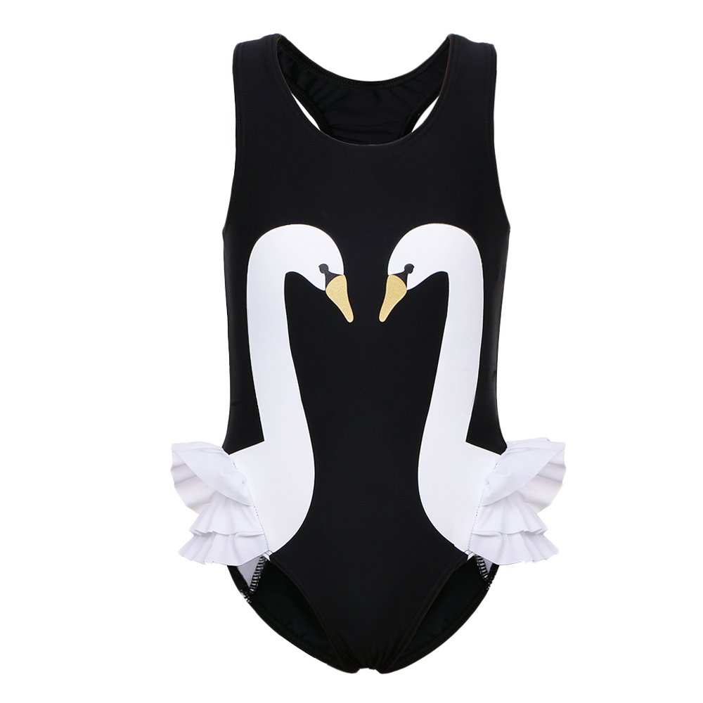 BAOHULU Girls One Piece Bathing Swimsuit Lovely Stripe Swan Swimwear 3-12 Years