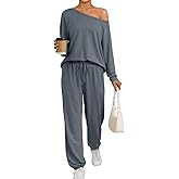 AUTOMET Womens Lounge Sets 2 Piece Matching Pajamas Travel Airport Fall Outfits Cute Pjs Off Shoulder Tops Loungewear