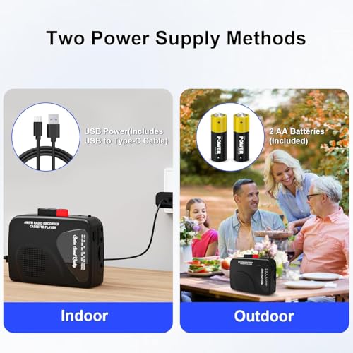 Reproductor de casete portátil y grabador de casete con radio AM/FM, altavoz integrado, conector para auriculares y clip para cinturón (negro)
