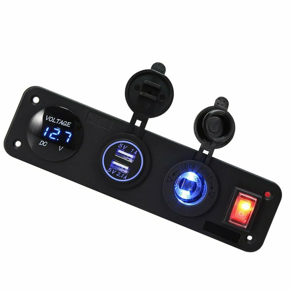Unifizz Black Systems 4366 Water-Resistant Accessory Panel with Circuit Breaker, 12V Socket, Dual USB Charger, Mini Voltmeter
