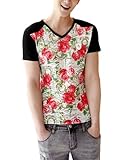 Man Floral Prints Lace Panel Applique Basic T-Shirt Black S