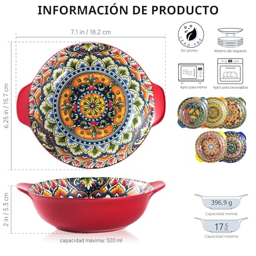 Henten Home Set of 6 Bowls with Handles, Salad Plates, Bohemian Style Bowls, 520 ml, Ceramic Pasta Plates for Pasta, Soups, Salads, Fruits