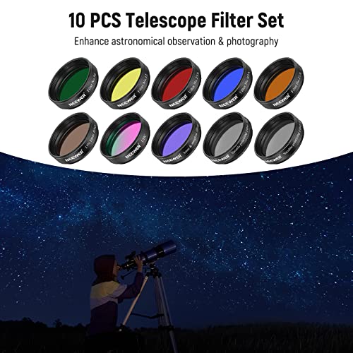 NEEWER 1.25' Telescope Eyepiece Filter Set (10 Pack), Including Planetary, Variable, UHC, Lunar & Starglow Filters for Moon Observation