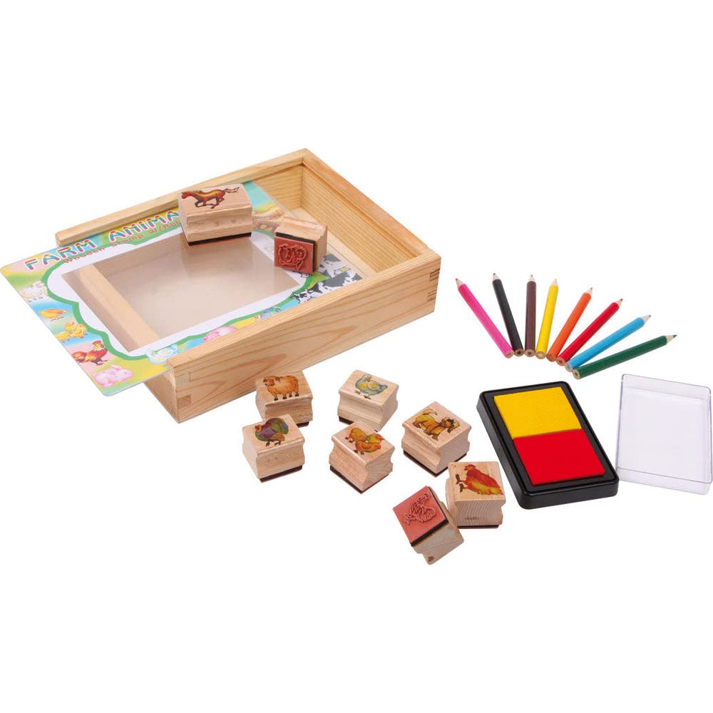 Small Foot 1478 Stamp Set Farm Animals with ink pad and coloured pencils for colouring in gift box