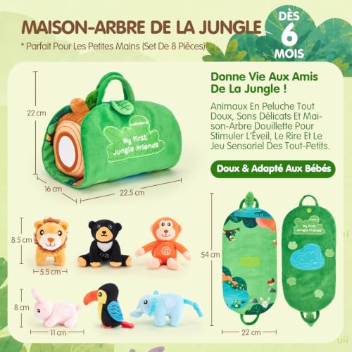hahaland Jouet Bébé 6 Mois, Animaux Jungle en Peluche avec Sons & Mots, Coffret Maison Arbre 8 Pièces avec 6 Animaux Sonores, Tapis Sensoriel, Jouet Montessori Bébé 6-12 Mois Cadeau Bébé 1 an