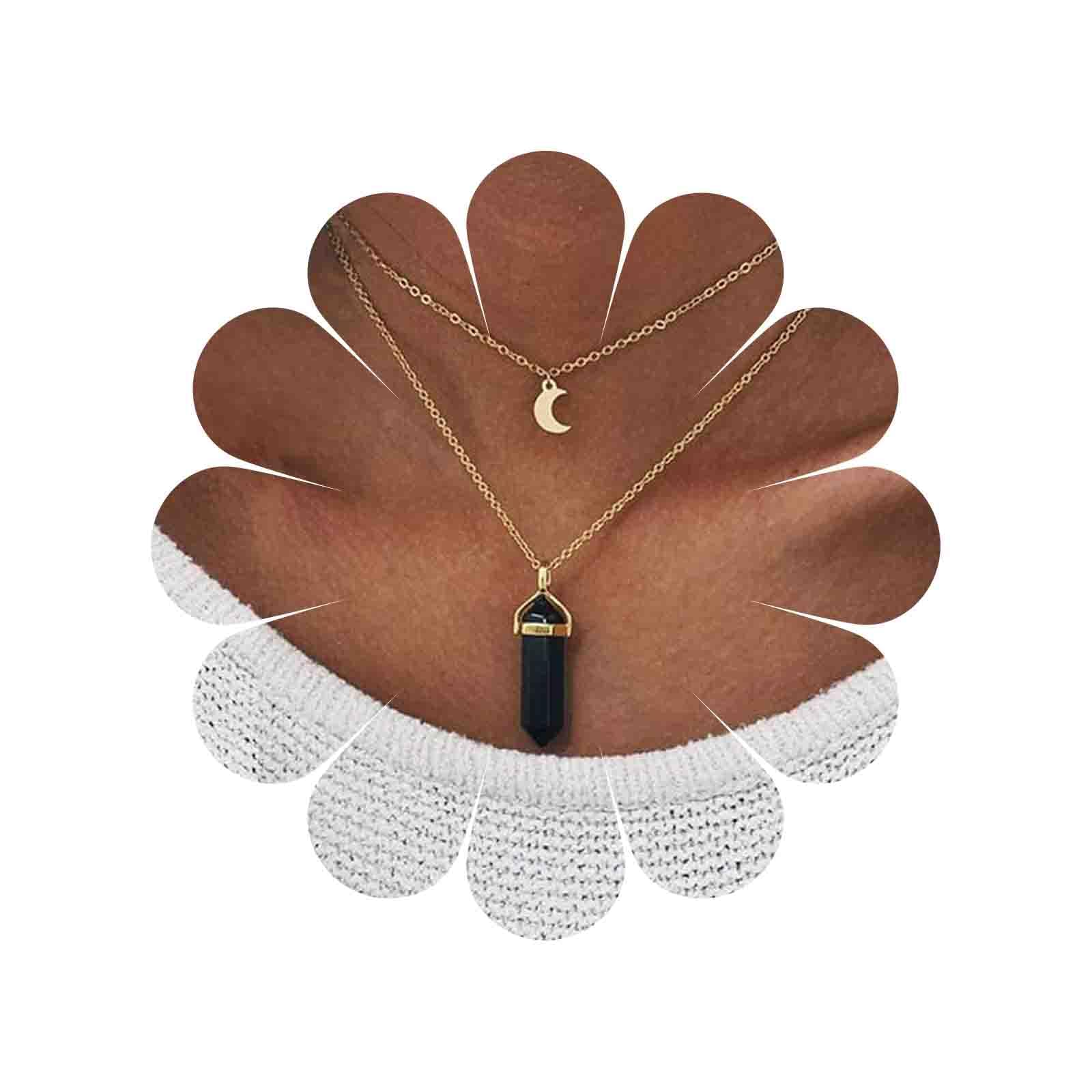 Yienate Fashion Healing Gemstone Crystal Necklace Reiki Chakra Multilayer Gold Moon Choker Hexagonal Column Black Quartz Crystal Pendant Necklace Chain Jewelry for Women and Girls
