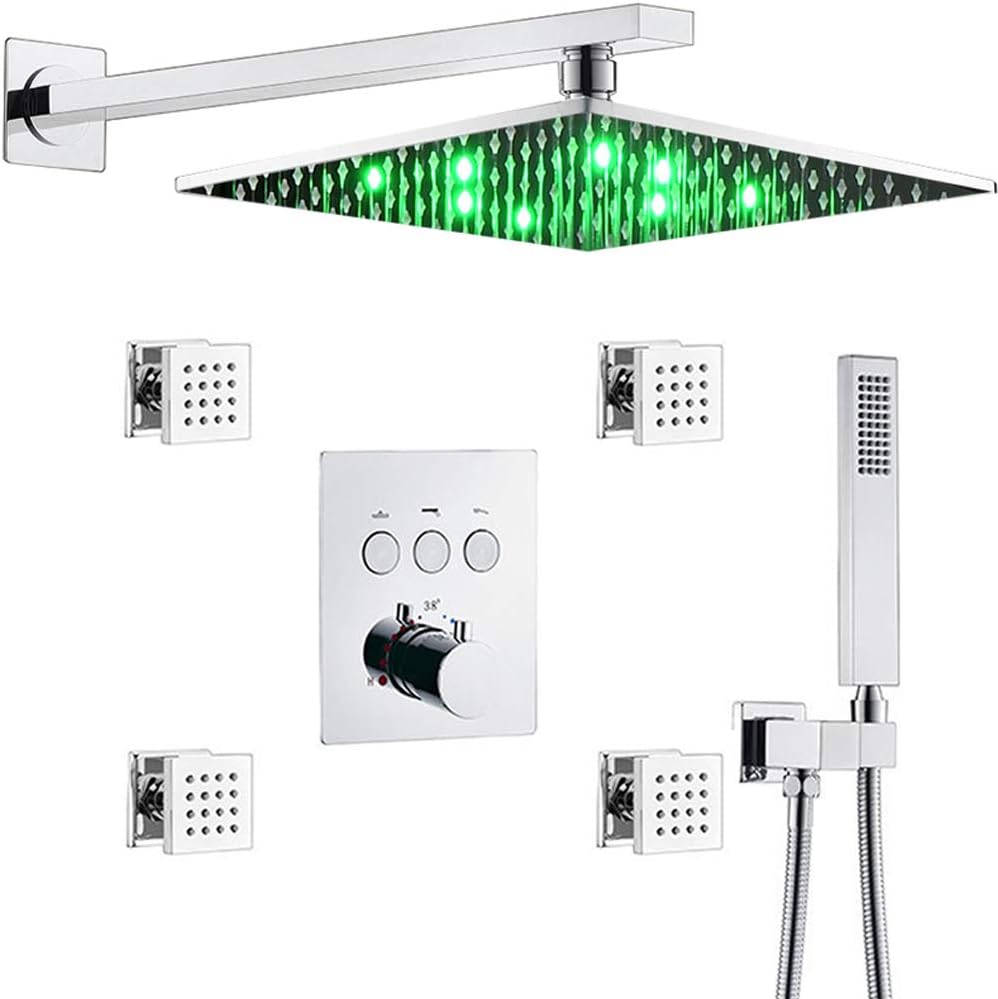 AYIVG Thermostatic Shower System Brass Chrome LED 12 Inch Rainfall