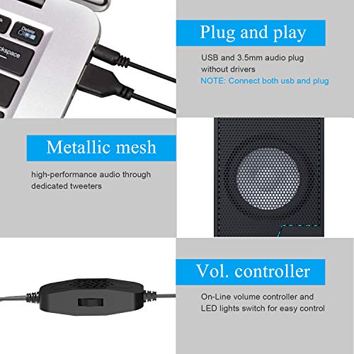 Computer Speakers, D7 Desktop Speakers USB Powered with Flashing LED Lights, 2.0 PC Speakers with 3.5mm Aux Audio Jack& Volume Control, Stereo Sound Gaming Computer Speakers for PC Laptop TV, Black