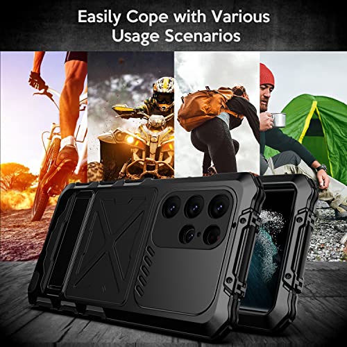 LSoug Samsung Galaxy S23 Ultra Metal Case, [10FT Military-Grade Protection] [Built-in Screen Protector] Rugged Full-Body Heavy Duty Shockproof Shell for Galaxy S23 Ultra 6.8 inch（Black）