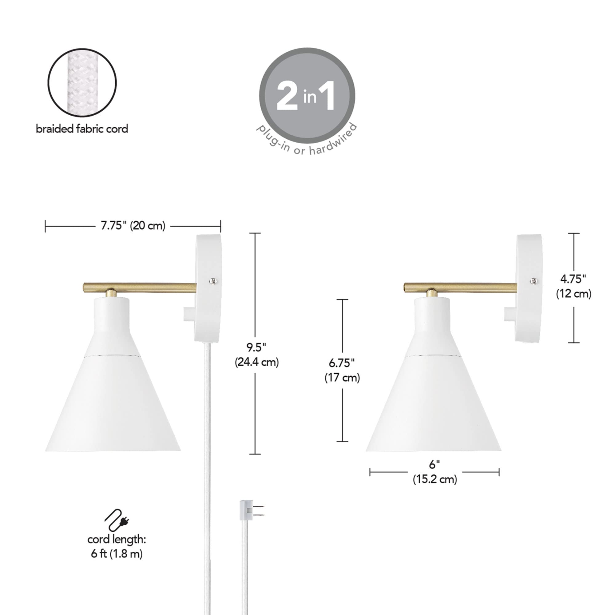 Globe Electric 65542 1-Light Dimmable Plug-in or Hardwire Wall Sconce, Matte White, Brass Accent, Stepless Dimming Rotary Switch on Canopy, White Fabric Cord, Wall Lighting, Bulb Not Included