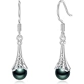 925 Sterling Silver Black Pearl Dangle Drop Earrings for Women,4-9mm Round Cultured Pearl Hook Earrings Jewelry Gift for Women Christmas Mother's Day Valentine's Day Birthday Anniversary