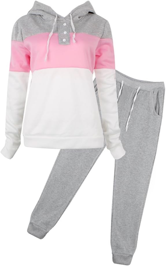 Women Casual Tracksuit Hoodie Sweatshirt Sweater Pants Sports Jogger Outfits Set (Grey, S)