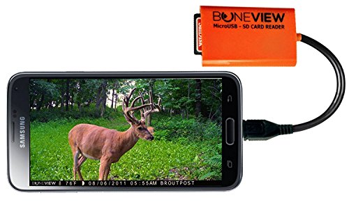 BoneView Trail Camera Viewer for Android Phones, SD Card Reader Views Photos and Videos from any Wildlife Scouting Game Cam on Droid Smartphone, Micro USB Memory Card Reader for Deer Hunting