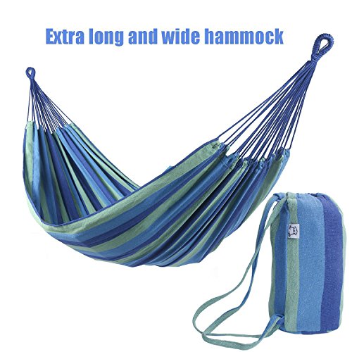 OnCloud Double Hammock for Travel Camping Backyard, Porch, Outdoor or Indoor Use, Carrying Pouch Included Blue/Green Stripes