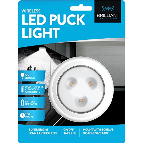 Brilliant Evolution BRRC152IR Wireless LED Puck Light - Works With Remote - Operates On 3 AA Batteries - Kitchen Under Cabinet Lighting