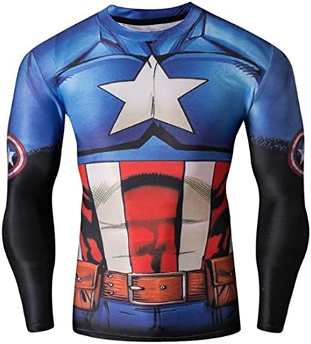 Christine Hahn Mens Super Hero Theme Long Sleeve Speed Drying Sport T-Shirts Captain America A XL