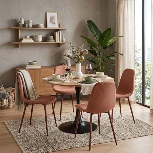 MEUBLE Cosy Set of 4 Scandinavian Dining Chairs Fabric Upholstered Kitchen Chair with Metal Legs, Load 120 kg Each, Red
