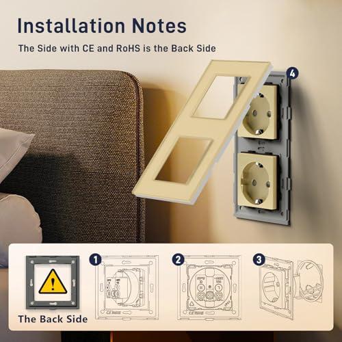 BSEED Schuko Double Socket with Glass Plate, Gold, 16 A, 250 V, Extension Sockets for Kitchen, Bedroom, Office, Hotel, etc.