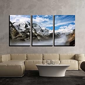 3 Piece Canvas Wall Art - Majestic Mountain Range in The European Alps on a Beautiful Day, with Fog in The Valley - Modern Home Art Stretched and Framed Ready to Hang - 16"x24"x3 Panels