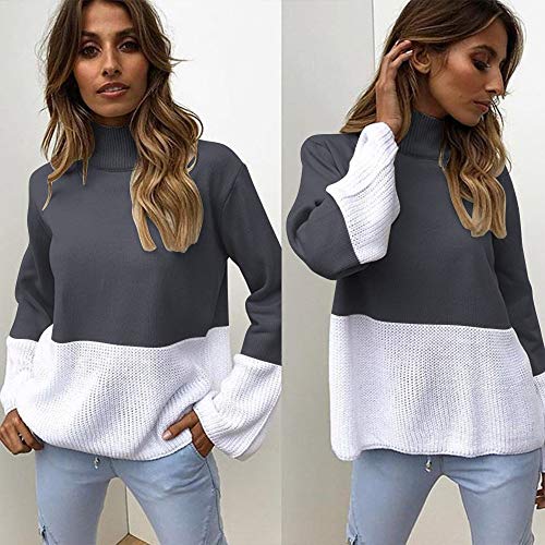image for Franterd Women Color Block Patchwork Turtleneck Knitted Sweater Loose 