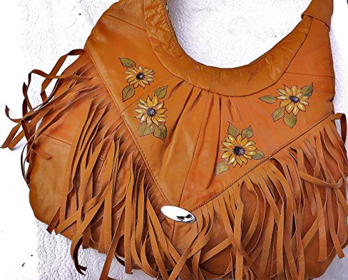 Large Hand Painted Sunflower Tan Leather Boho Fringe Hobo Shoulder Bag Bohemian Handbag for Women