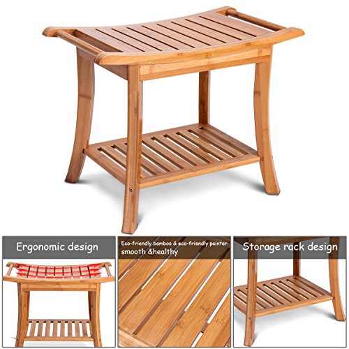 Giantex 24" Bamboo Bathroom Shower Bench with Storage Shelf Wood Indoor Bathing Bench Spa Bath Seat Bench Stool Modern Outdoor Waterproof Shower Bench