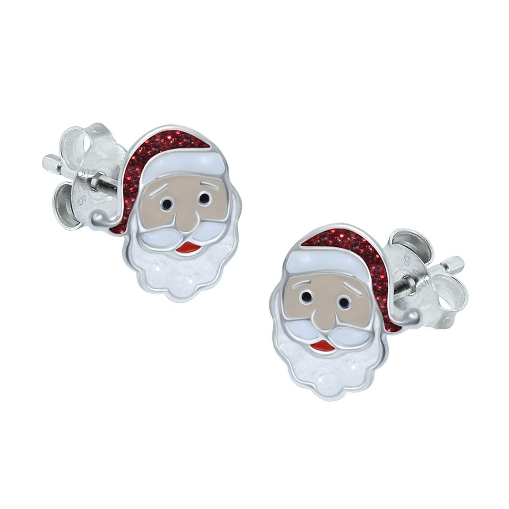 Sterling Silver Santa Claus Earrings, Red Glitter - Christmas