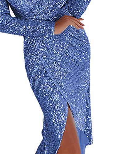 Elapsy Womens Ladies Sexy Elegent V Neck Long Sleeve Sequins Wrapped Ruched Irregular Party Cocktail Club Dress Outfit Blue