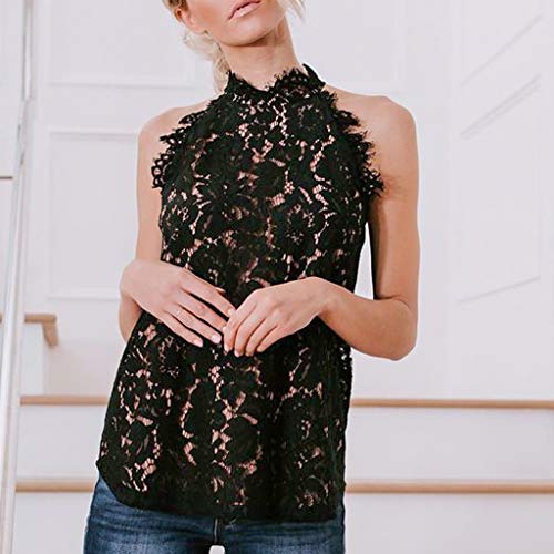 CHAELAKES Women Lace Tops Summer Casual Sleeveless O Neck Pleated Loose Hem Sexy Tank Top Blouse Shirt...
