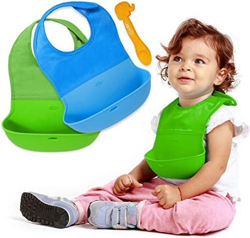 ASC Baby Roll Up Bibs with Pocket for Babies and Toddlers (Set of 2), Made from Waterproof Silicone and Anti-Bacterial Fabric with Bonus Cute Spoon
