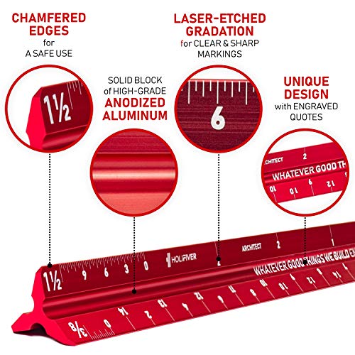 Holifiver Triangular Architectural Scale Ruler – 12” Imperial Scale for Blueprints, Engineering or Drafting – Perfect Gift for Students, Architects, Engineers – Aluminum Sleek Red Finish