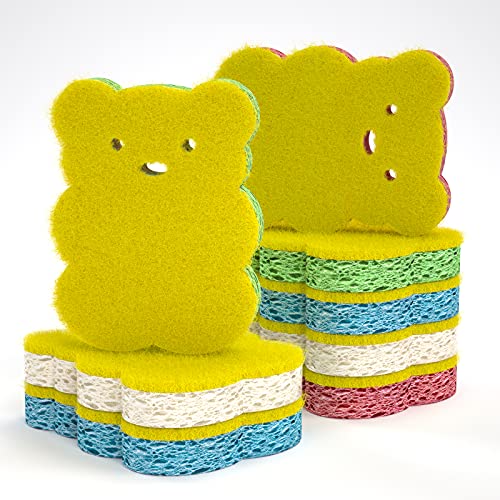 Non-Scratch Scrub Sponges SmilePowo Long Lasting Cute Cartoon Cellulose Scrub Sponges Dual-Sided Dish Washing Sponge for Kitchen and Bathroom Safely Cleans All Hard Surfaces in Bulk 8 Pack