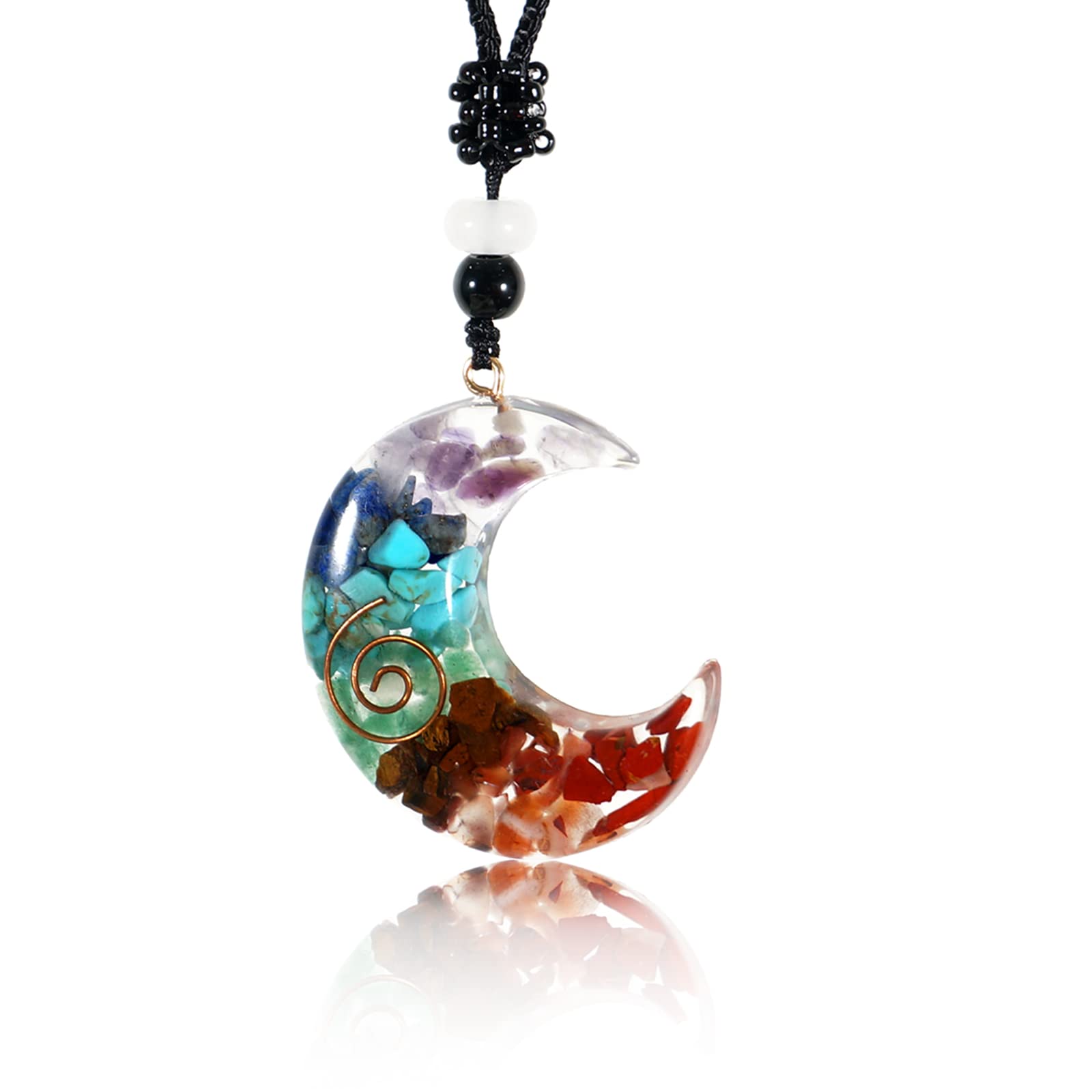 Soulnioi Moon Shape 7 Chakra Necklace, Orgone Necklace, Healing Crystal Real Stones Pendant for Protection Spiritual Energy Meditation, Stress Relief, for Beginners Chakra Jewelry Gift