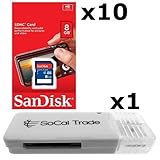 10 PACK - SanDisk 8GB SD HC Class 4 Secure Digital High Speed SDHC Flash Memory Card SDSDB-008G 8G 8 GB GIGS (S.B8.RTx10.562) LOT OF 10 with USB SoCal Trade© SCT SD Memory Card Reader - Retail Packaging