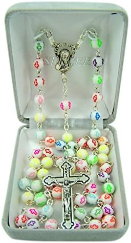 First Communion Multi-Color Cross Prayer Bead Rosary Necklace, 24 Inch