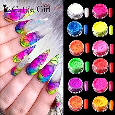 Cattie Girl 12colors Set Neon Pigment Nail Powder Dust Ombre Nail