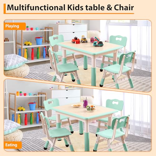 Garvee Kids Table and 4 Chairs Set, 5-Piece Height Adjustable Toddler Table with Graffiti Wipe-Clean Desktop, Non-Slip Legs & Storage Organizer, Preschool Activity Desk for Ages 2-6
