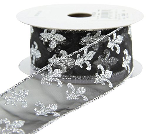 Shinoda Design Center 0141009137 2 Piece Wired Sheer Glittered Ribbon with Fleur de Lis Pattern Set, 1.5