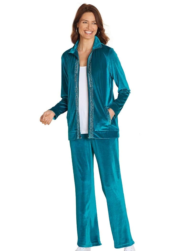 Buy AmeriMark Women's Velour 2 Piece Pant Set Zip Jacket Sparkling Trim