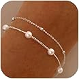 NECOCY 14K Gold Plated Pearl Bracelets for Women, Dainty Bracelets Stack Trendy Pearls Beaded Link Chain Charm Bracelets Set 