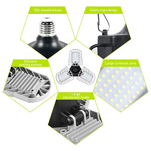 LED Garage Ceiling Lights Deformable LED Garage Lights, 60W 6000LM E26 Base Triple Glow, 6000K Ultra Bright Grey Garage Led Light, for Basement Workshop Warehouse, 2 Pack
