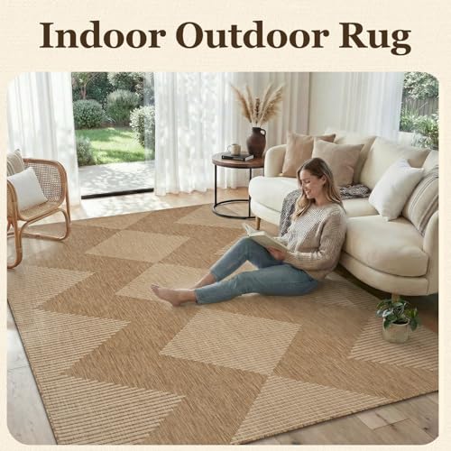 Outdoor Rug-Patio Rug 8x10 Outdoor Carpet Polypropylene Indoor Outdoor Rug for Patio Porch Deck Balcony Textured Weave Durable Mat Boho Stripes Pattern Beige & Brown