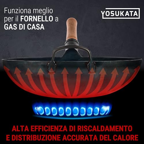 YOSUKATA Professional Wok Pan 36 cm – Traditional Wok Round Bottom in Preconditioned Carbon Steel – Original Chinese Wok – Large Wok – Gas and Open Fire Compatible (Blue)