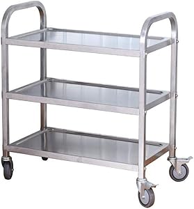 3-Tier Stainless Steel Utility Cart with Wheels Kitchen Trolley Cart Island Rolling Serving Carts 300lbs Capacity Catering Storage Shelf with Locking Wheels for Restaurant Hotels Home(37x20x37inch)