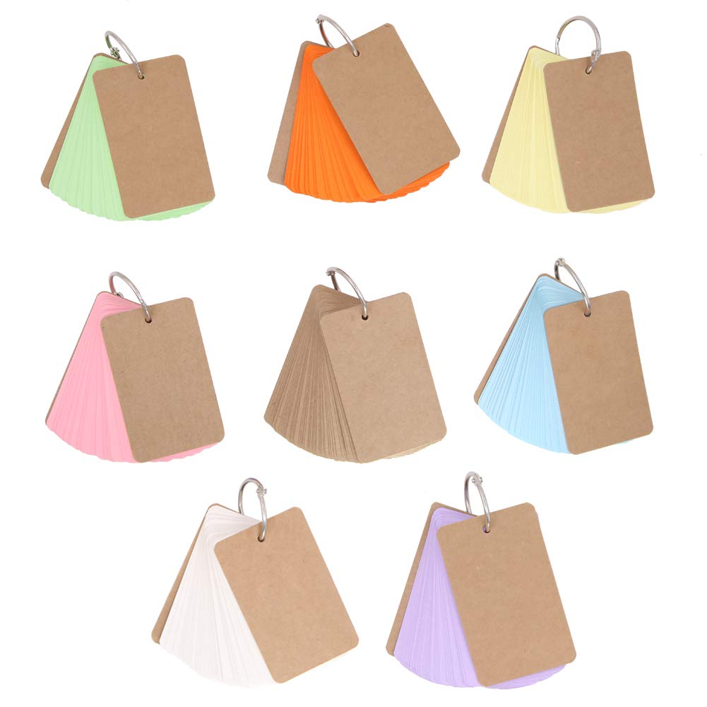 400 Pcs 2.2 x 3.5 Inches Paper Study Cards Multicolor Kraft Paper Binder Ring Easy Flip Flash Card for School, Learning, Memory, Study, Note, Blank Kraft Paper Cards(8 Set 50 Sheets Per Set)